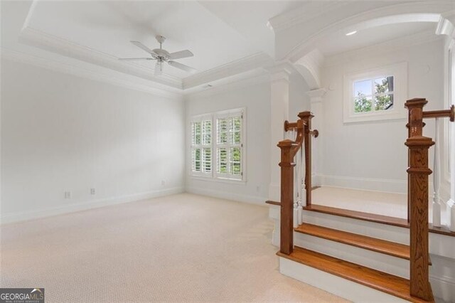 4634 Whitestone Way, Suwanee, GA 30024 - stairway with arched walkways, plenty of natural light, crown molding, carpet floors, and a ceiling fan