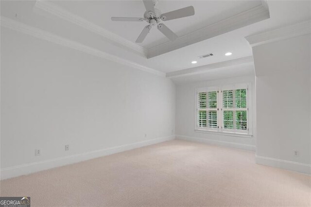 4634 Whitestone Way, Suwanee, GA 30024 - empty room with a tray ceiling, crown molding, light colored carpet, recessed lighting, and ceiling fan