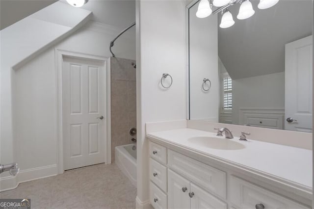 4634 Whitestone Way, Suwanee, GA 30024 - full bathroom featuring vanity, bathtub / shower combination, tile patterned flooring, a chandelier, and vaulted ceiling
