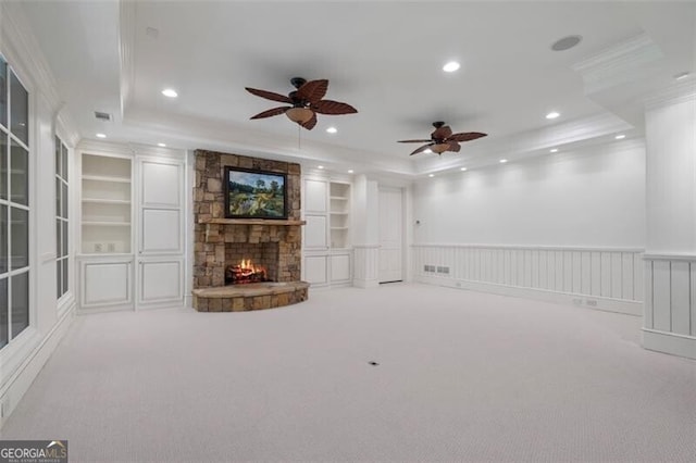 4634 Whitestone Way, Suwanee, GA 30024 - unfurnished living room with crown molding, carpet flooring, recessed lighting, a fireplace, and a wainscoted wall