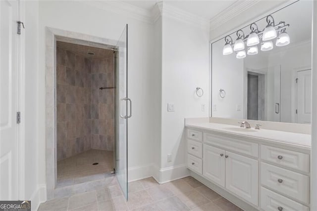 4634 Whitestone Way, Suwanee, GA 30024 - full bath with a stall shower, vanity, crown molding, and tile patterned flooring