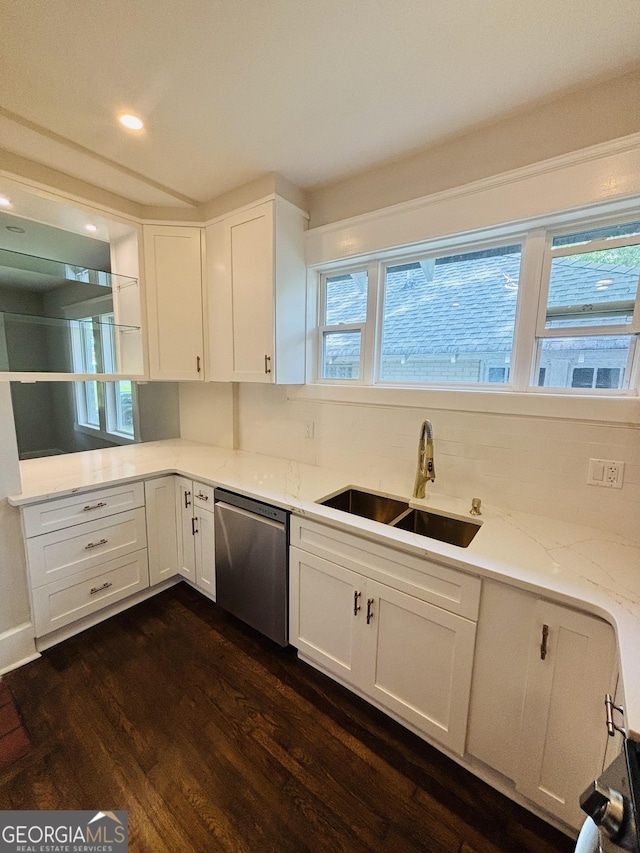1460 Hartford Ave SW, Atlanta, GA 30310 - kitchen featuring stainless steel dishwasher, light stone countertops, dark wood-type flooring, white cabinets, and recessed lighting