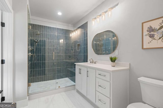 4445 Pebble Rock Dr, Cumming, GA 30041 - full bathroom with vanity, a stall shower, and recessed lighting