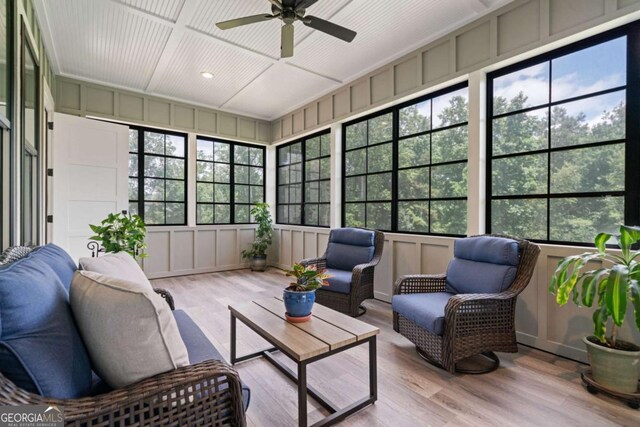 4445 Pebble Rock Dr, Cumming, GA 30041 - sunroom / solarium featuring a ceiling fan, an outdoor living space, and healthy amount of natural light