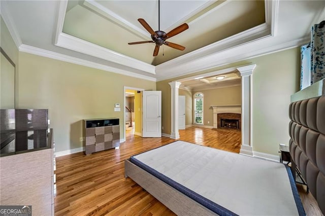 205 Camden Creek Ct, Lawrenceville, GA 30043 - bedroom with a raised ceiling, ornate columns, wood finished floors, crown molding, and a fireplace