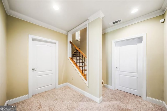 205 Camden Creek Ct, Lawrenceville, GA 30043 - staircase featuring crown molding, carpet floors, and recessed lighting