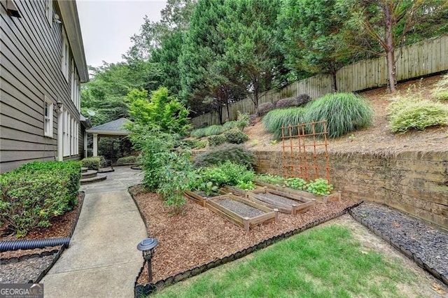 205 Camden Creek Ct, Lawrenceville, GA 30043 - fenced backyard featuring a vegetable garden