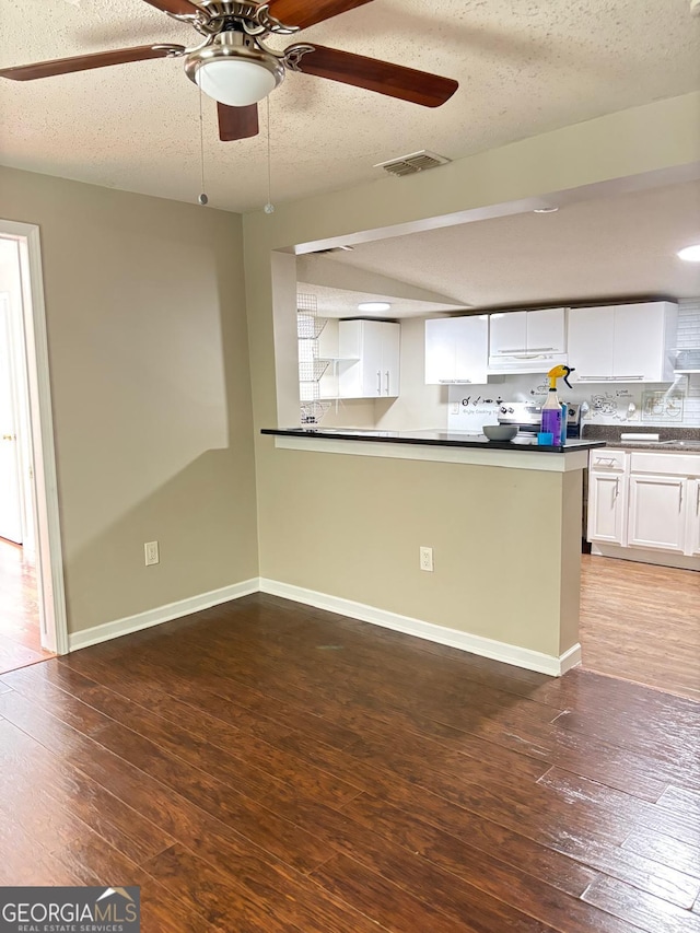 6197 Union Grove Rd, Lithia Springs, GA 30122 - kitchen featuring dark countertops, a ceiling fan, white cabinetry, wood-type flooring, and a textured ceiling