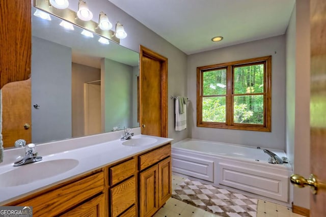 215 Souther Meadow Dr, Blairsville, GA 30512 - full bath featuring a bath, tile patterned floors, double vanity, and recessed lighting