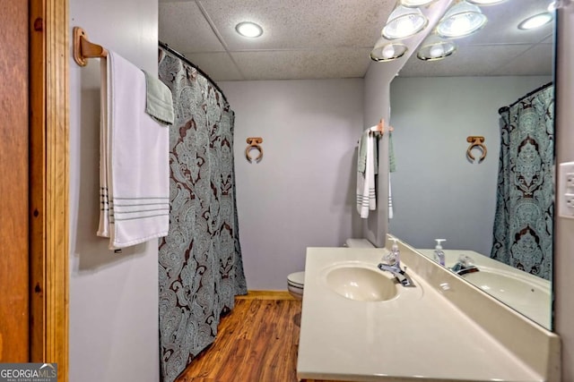 215 Souther Meadow Dr, Blairsville, GA 30512 - bathroom with vanity, wood finished floors, a paneled ceiling, recessed lighting, and curtained shower