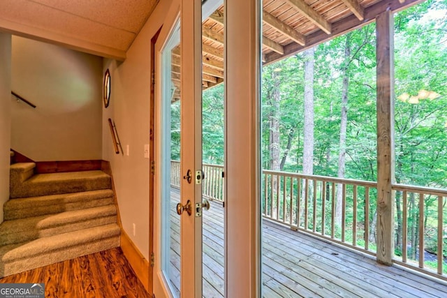215 Souther Meadow Dr, Blairsville, GA 30512 - doorway with wood finished floors, stairway, french doors, and wooden ceiling