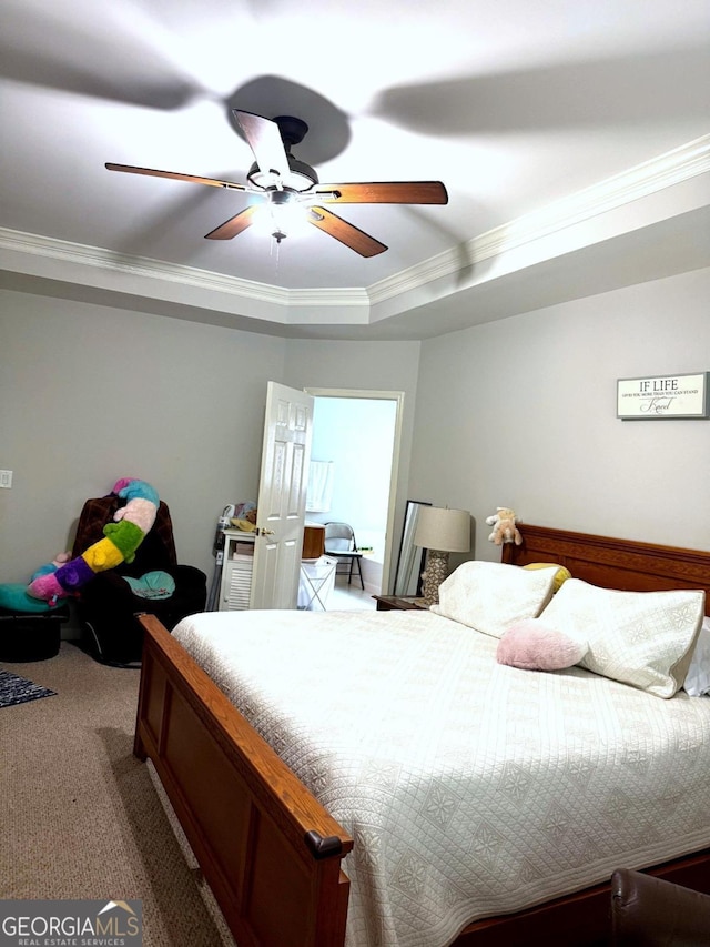 3439 Tupelo Trl, Auburn, GA 30011 - bedroom with ornamental molding, carpet floors, ceiling fan, and a tray ceiling