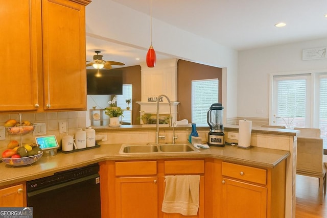 3439 Tupelo Trl, Auburn, GA 30011 - kitchen featuring dishwasher, a ceiling fan, recessed lighting, a peninsula, and hanging light fixtures
