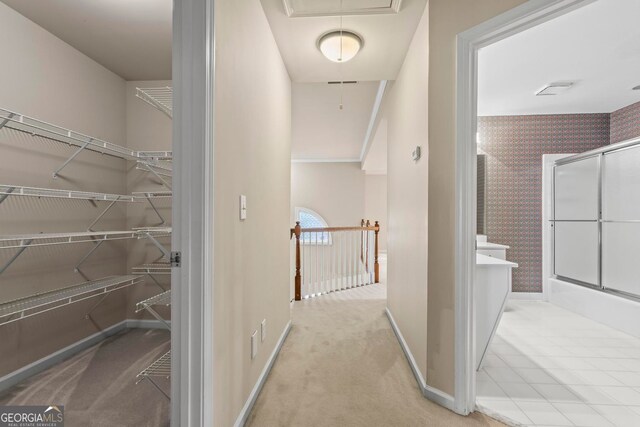 1605 Spinnaker Dr, Alpharetta, GA 30005 - hallway featuring attic access, carpet floors, and wallpapered walls