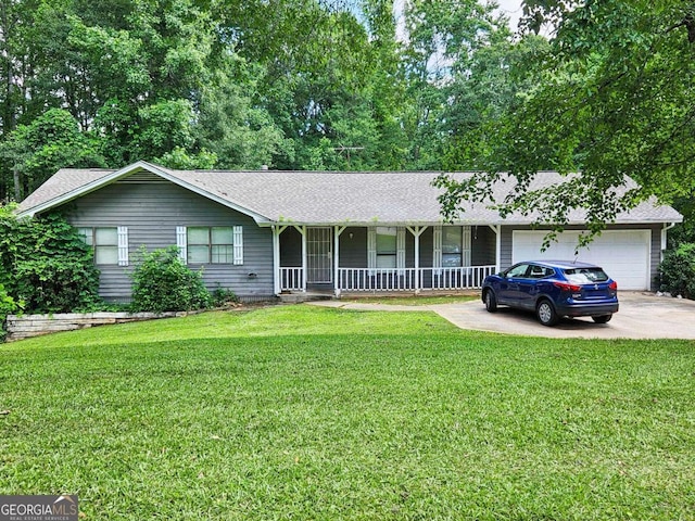 195 Lakeside Dr, Ellenwood, GA 30294 - ranch-style home featuring covered porch, driveway, an attached garage, a front yard, and a shingled roof