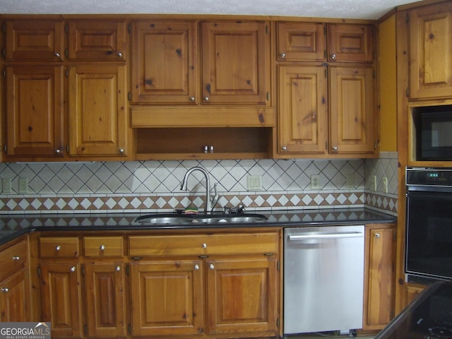 1455 River Cove Rd, Social Circle, GA 30025 - kitchen with black appliances, dark countertops, brown cabinets, and tasteful backsplash