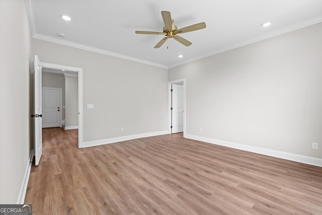 9 Honeysuckle Dr, Claxton, GA 30417 - empty room with light wood finished floors, a ceiling fan, ornamental molding, recessed lighting, and a smoke detector