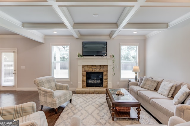 396 Brant Cir, Jefferson, GA 30549 - living area with healthy amount of natural light, wood finished floors, coffered ceiling, beamed ceiling, and a stone fireplace