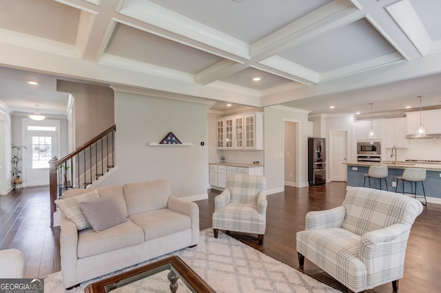396 Brant Cir, Jefferson, GA 30549 - living area featuring coffered ceiling, dark wood-style flooring, beamed ceiling, recessed lighting, and stairs