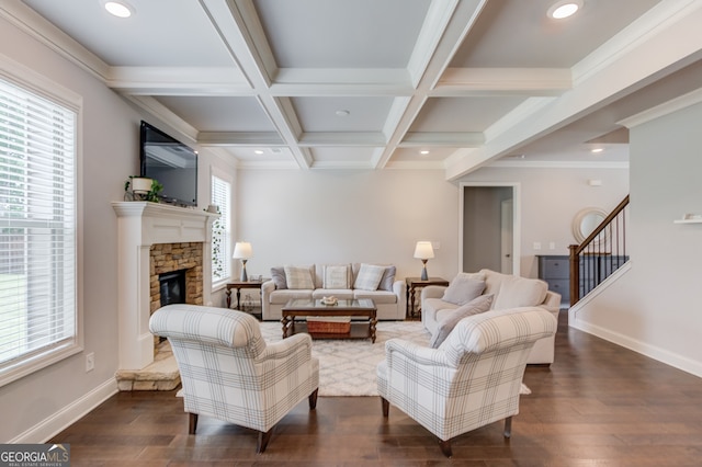 396 Brant Cir, Jefferson, GA 30549 - living area with beamed ceiling, wood finished floors, a fireplace, stairs, and recessed lighting