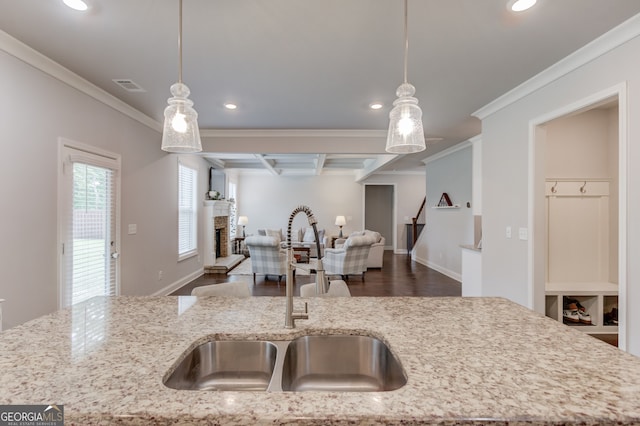 396 Brant Cir, Jefferson, GA 30549 - kitchen featuring open floor plan, recessed lighting, crown molding, dark wood-style floors, and light stone counters