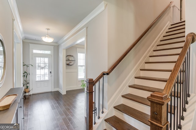 396 Brant Cir, Jefferson, GA 30549 - foyer featuring crown molding, stairway, and dark wood-style flooring
