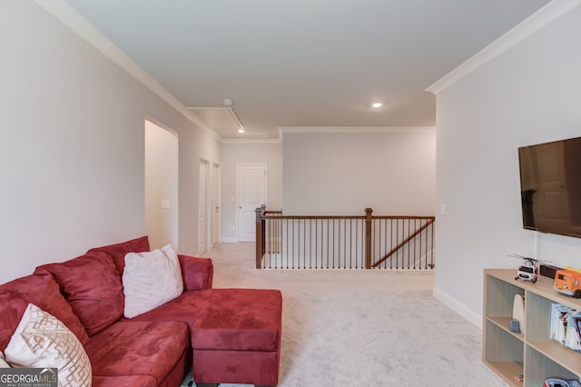 396 Brant Cir, Jefferson, GA 30549 - carpeted living room featuring ornamental molding, attic access, and recessed lighting