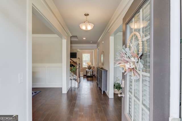 396 Brant Cir, Jefferson, GA 30549 - foyer featuring stairs, crown molding, a decorative wall, a wainscoted wall, and dark wood-type flooring