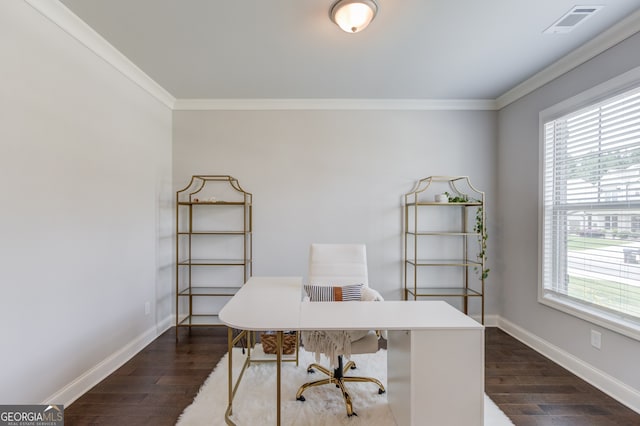 396 Brant Cir, Jefferson, GA 30549 - office area with plenty of natural light, dark wood finished floors, and crown molding