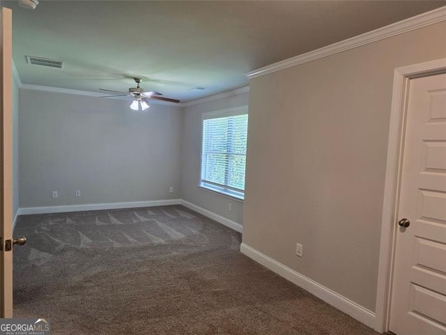 5715 Rocky Falls Dr, Suwanee, GA 30024 - empty room featuring crown molding, ceiling fan, and dark carpet