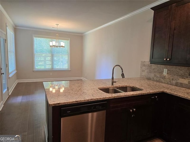 5715 Rocky Falls Dr, Suwanee, GA 30024 - kitchen featuring stainless steel dishwasher, a peninsula, light stone counters, crown molding, and tasteful backsplash