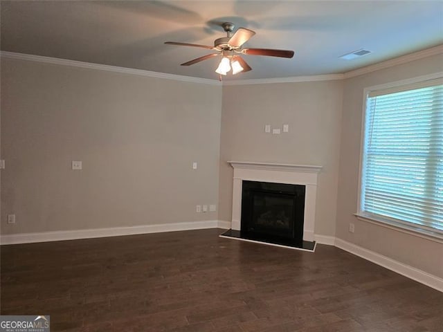 5715 Rocky Falls Dr, Suwanee, GA 30024 - unfurnished living room featuring a ceiling fan, healthy amount of natural light, wood finished floors, ornamental molding, and a fireplace with raised hearth
