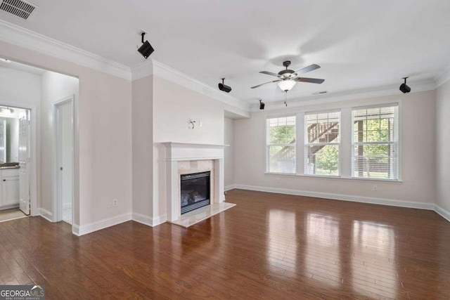 812 Autry Oak Ct, Alpharetta, GA 30022 - unfurnished living room with hardwood / wood-style floors, a ceiling fan, ornamental molding, and a high end fireplace