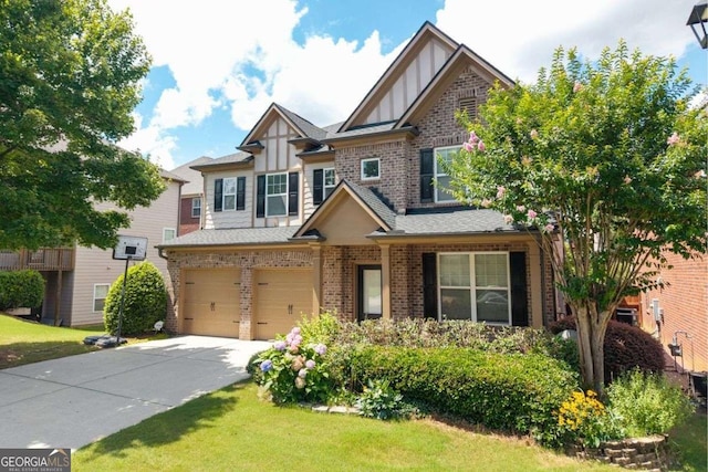 812 Autry Oak Ct, Alpharetta, GA 30022 - view of front facade featuring board and batten siding, brick siding, an attached garage, driveway, and a front lawn