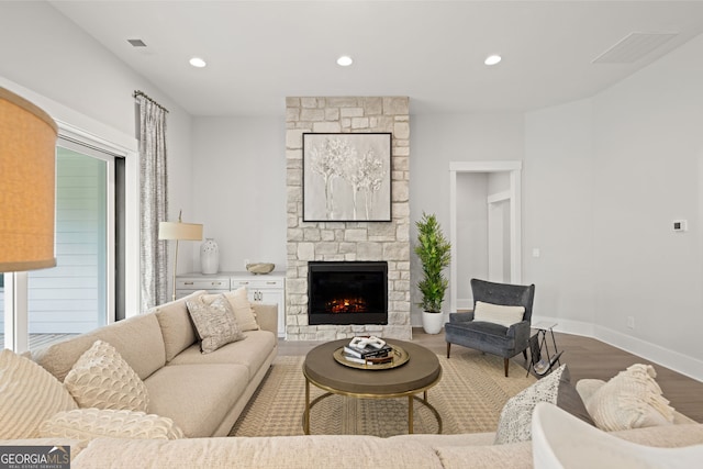 608 Southland Pass, Canton, GA 30115 - living room with a fireplace, recessed lighting, and wood finished floors