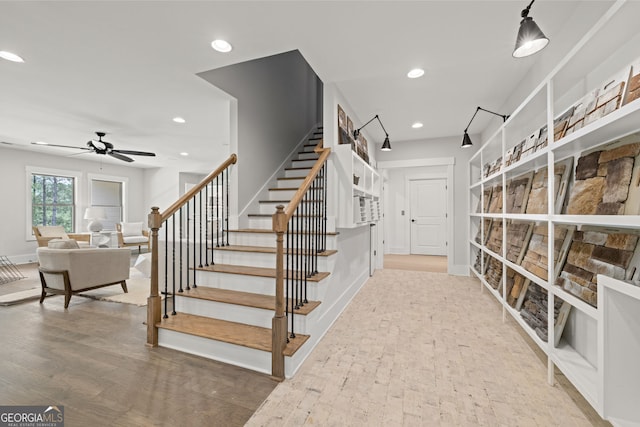 608 Southland Pass, Canton, GA 30115 - staircase with a ceiling fan, recessed lighting, and wood finished floors