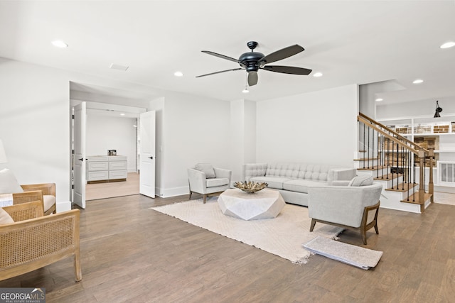 608 Southland Pass, Canton, GA 30115 - living room featuring stairs, ceiling fan, wood finished floors, and recessed lighting