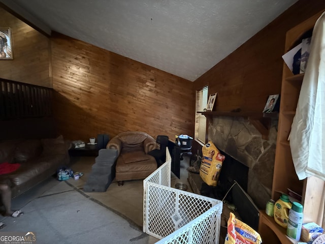 6884 Red Maple Ct, Rex, GA 30273 - interior space with wood walls, vaulted ceiling, and a textured ceiling