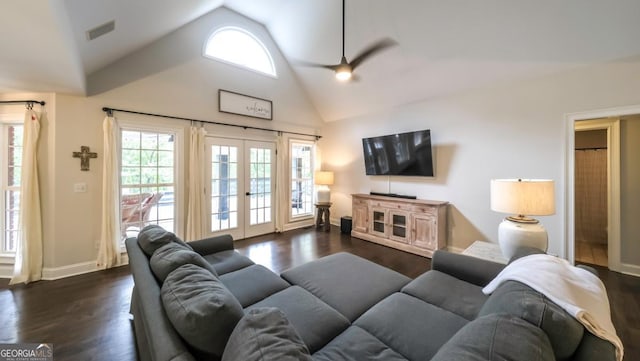 180 Mountain Path, Rockmart, GA 30153 - living room featuring healthy amount of natural light, french doors, a ceiling fan, dark wood-type flooring, and high vaulted ceiling