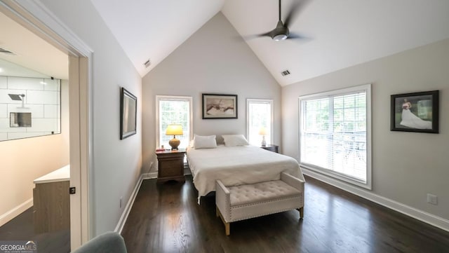 180 Mountain Path, Rockmart, GA 30153 - bedroom featuring multiple windows, dark wood-style flooring, high vaulted ceiling, and a ceiling fan