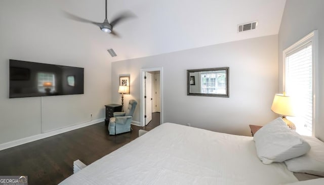 180 Mountain Path, Rockmart, GA 30153 - bedroom with wood finished floors, high vaulted ceiling, and a ceiling fan