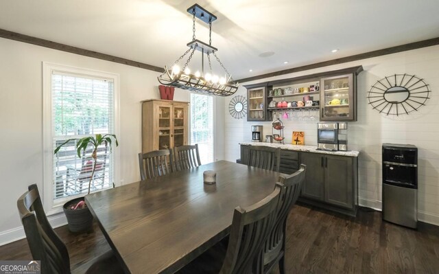 180 Mountain Path, Rockmart, GA 30153 - dining room with dark wood-style flooring, bar area, a chandelier, and recessed lighting