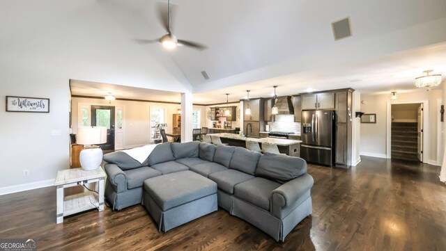 180 Mountain Path, Rockmart, GA 30153 - living room with dark wood-style flooring, a ceiling fan, stairs, and high vaulted ceiling