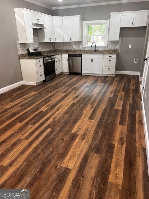 110 Williamson St SW, Rome, GA 30165 - kitchen featuring appliances with stainless steel finishes, ornamental molding, dark wood-style flooring, white cabinets, and under cabinet range hood
