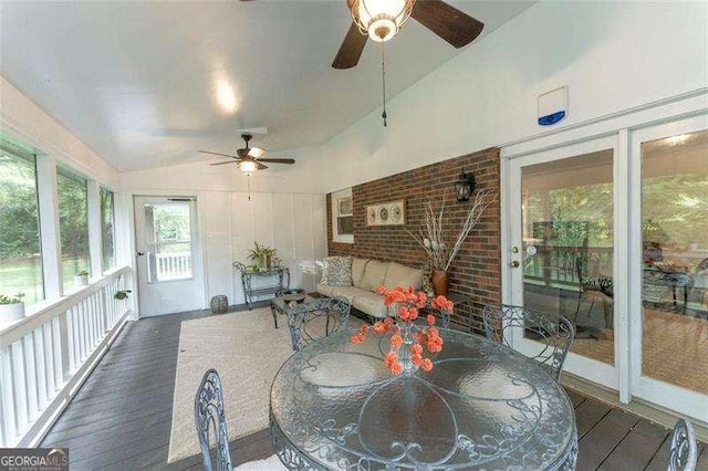 160 Edgewood Dr, Athens, GA 30606 - sunroom / solarium featuring ceiling fan, lofted ceiling, and outdoor dining area