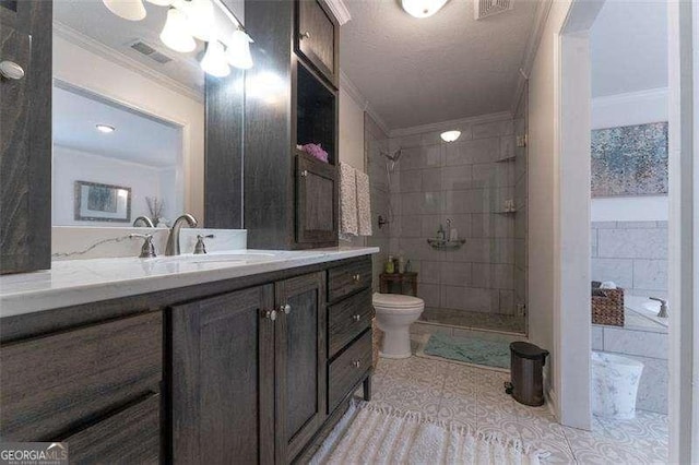 160 Edgewood Dr, Athens, GA 30606 - full bathroom with ornamental molding, vanity, tiled shower, and tile patterned flooring