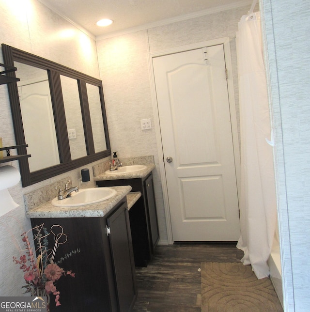 14 Henderson Rd, Cleveland, GA 30528 - full bathroom with ornamental molding, vanity, wood finished floors, and curtained shower