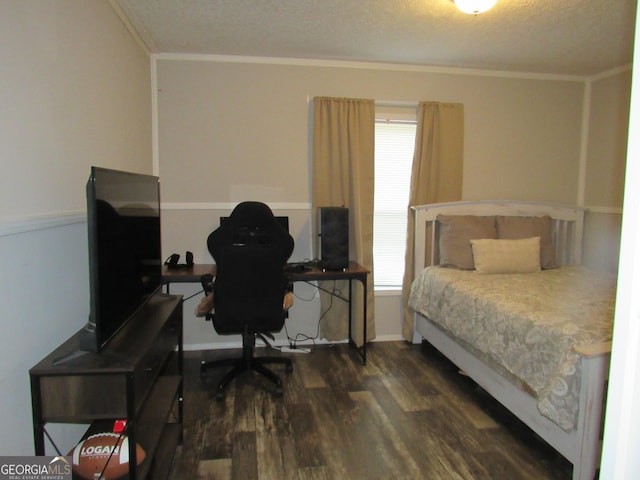 14 Henderson Rd, Cleveland, GA 30528 - bedroom with dark wood-style flooring, ornamental molding, a desk, and a textured ceiling