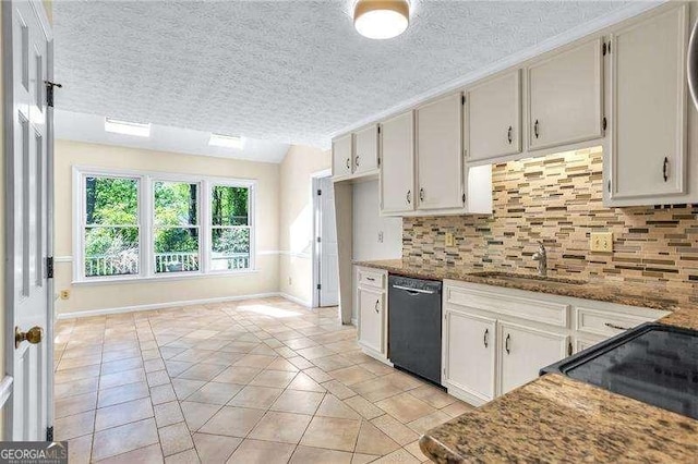 2830 Scottish Mill Way, Marietta, GA 30068 - kitchen featuring black appliances, decorative backsplash, light tile patterned flooring, a textured ceiling, and stone counters