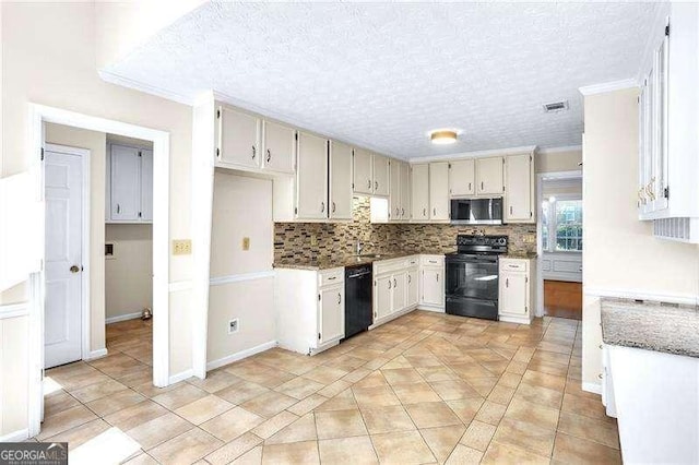 2830 Scottish Mill Way, Marietta, GA 30068 - kitchen with black appliances, backsplash, a textured ceiling, light tile patterned floors, and crown molding